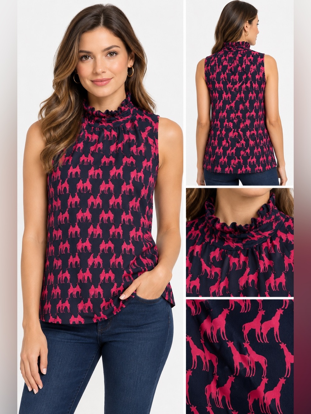 Elizabeth McKay 100% Silk Pink Giraffe Ruffle Neck Blouse Top Size 4